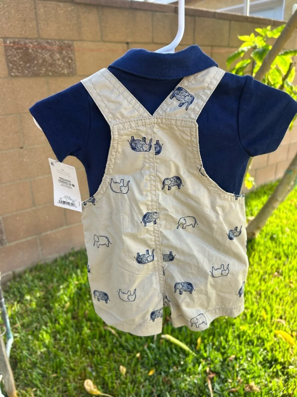 Carter's Navy Polo with Tan Elephant-Print Short Overalls